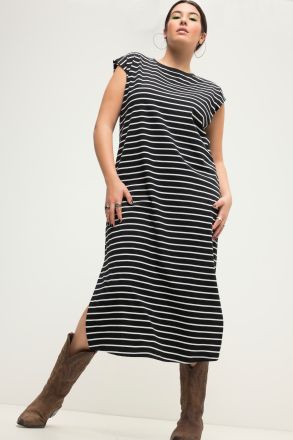 Jersey midi dress, oversized, striped, round neck, sleeveless, side slits