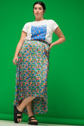 Midi skirt, A-line, color flower print, elastic waistband