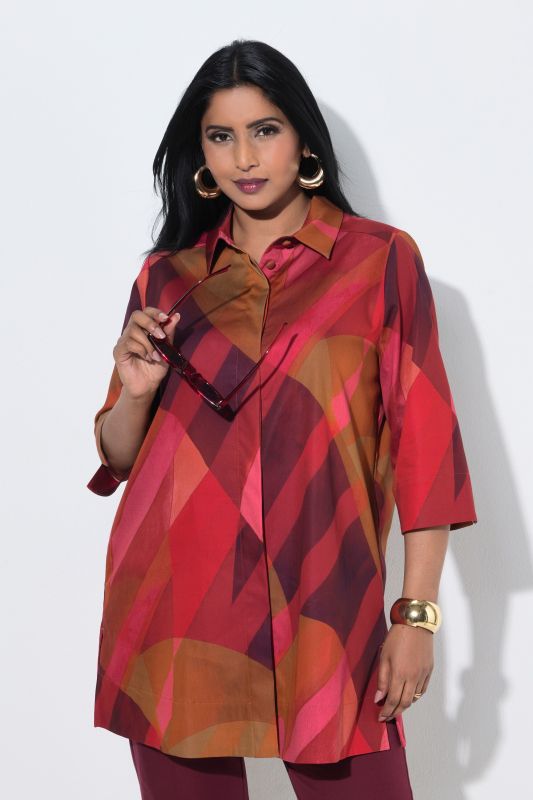 Abstract Stripe 3/4 Sleeve Button-Down Tunic Blouse