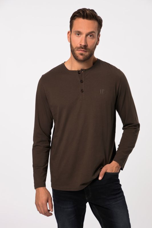 Henley, Basic, Top, Long-sleeve, Button placket, Up to 8XL