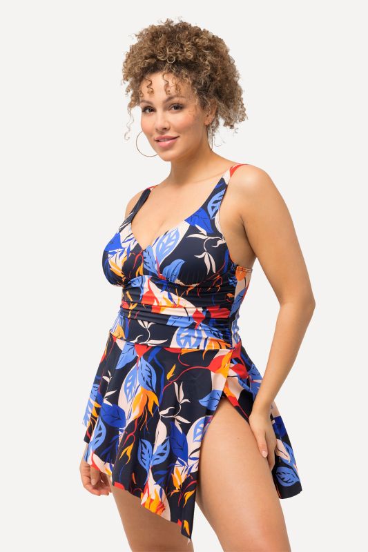 Colorful Leaf Print Pointed Hem Swim Dress