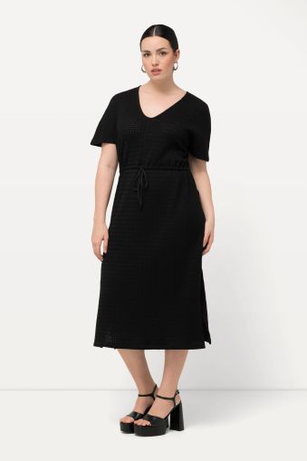 Textured Knit Short Sleeve Drawstring Waist Dress