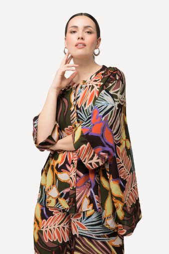 Blouse, leaves, oversized, stand-up collar, half sleeve