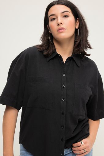 Linen mix blouse, oversized, shirt collar, short sleeves