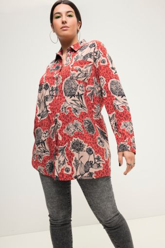 Shirt blouse, boxy shape, flower print, shirt collar, long sleeves