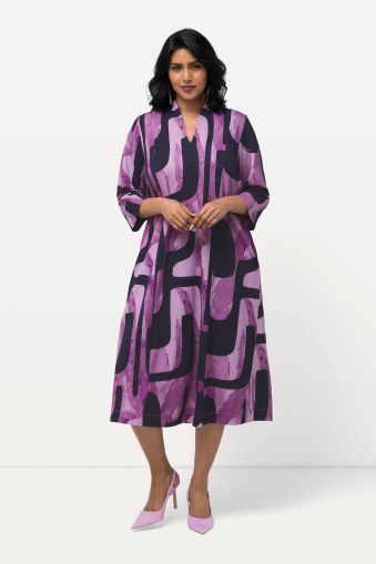 Retro Print 3/4 Sleeve Goblet Collar Dress