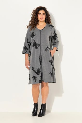 Butterfly Print Zip Front 3/4 Sleeve Dress