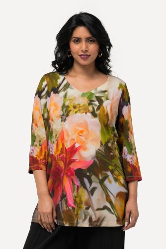 Floral 3/4 Sleeve Sweetheart Neckline Slinky Blouse