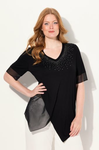 Asymmetric Layered Short Sleeve Rhinestone Blouse