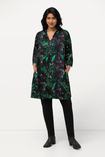 Abstract Floral 3/4 Sleeve Satin Tunic Dress