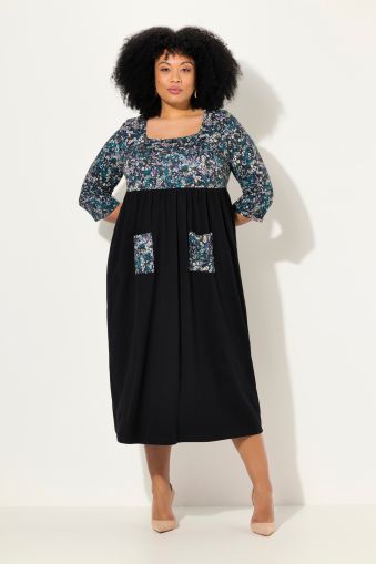 Floral Panel 3/4 Sleeve Square Neck Jersey Dress