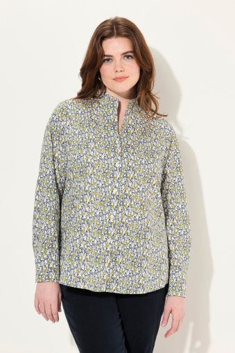 Printed Long Sleeve Goblet Collar Button Down Blouse