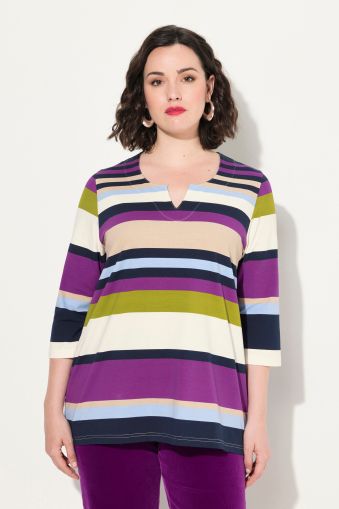 Striped Split Neck 3/4 Sleeve Tee