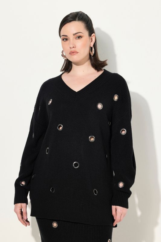 Metal Eyelet Long Sleeve V-Neck Sweater