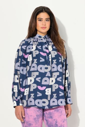 Letter Long Sleeve Collared Graphic Blouse