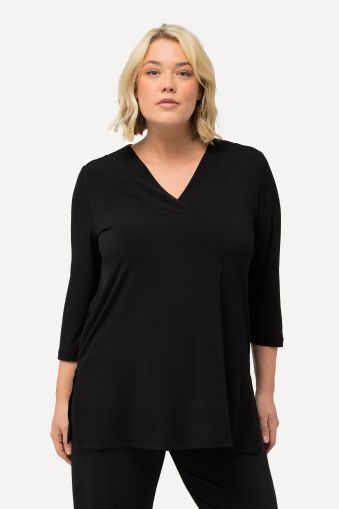 Matte Jersey V-Neck Swing Vented Three Quarter Sleeve Tunic