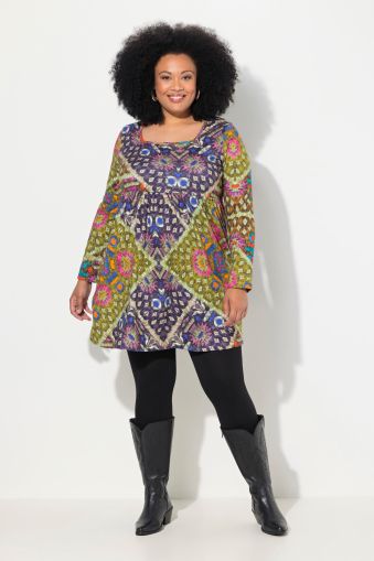 Mix Print Square Neck Empire Cotton Knit A-Line Swing Tunic