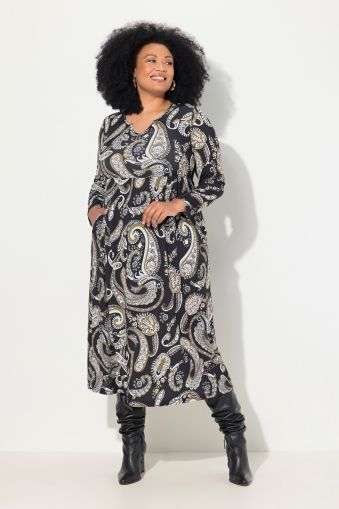 Matte Jersey Paisley Long Sleeve Notch Neckline Dress