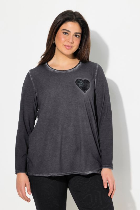 Cold Dyed Sequined Heart Long Sleeve Tee