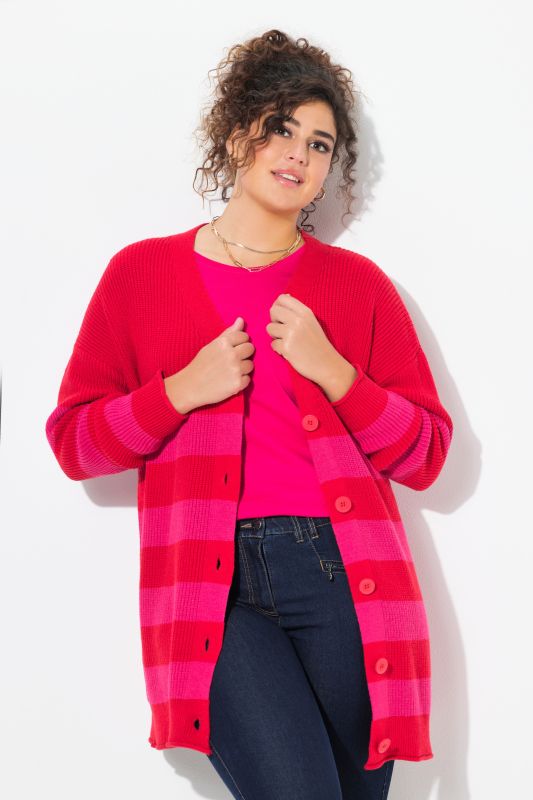 Striped Button Front V-Nefk Long Sleeve Cardigan