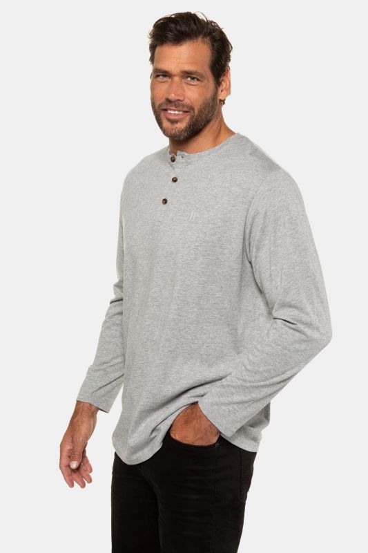 Henley, Basic, Top, Long-sleeve, Button placket, Up to 8XL