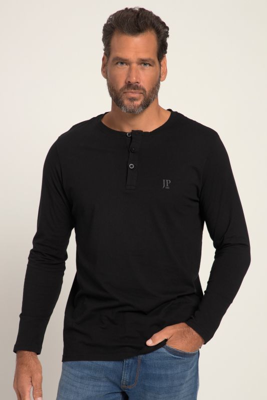 Henley, Basic, Top, Long-sleeve, Button placket, Up to 8XL