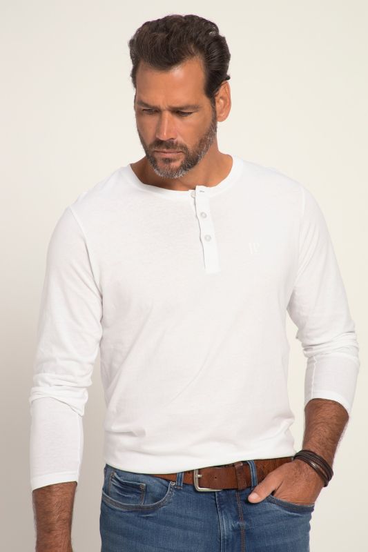 Henley, Basic, Top, Long-sleeve, Button placket, Up to 8XL