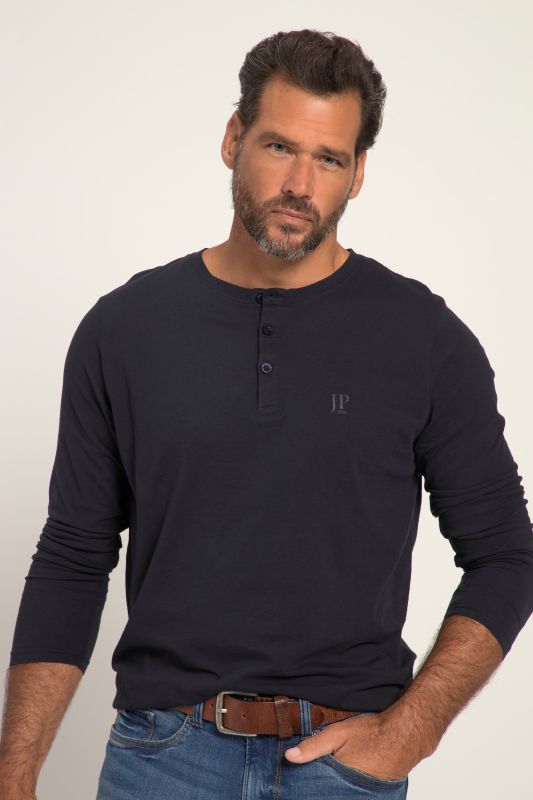 Henley, Basic, Top, Long-sleeve, Button placket, Up to 8XL