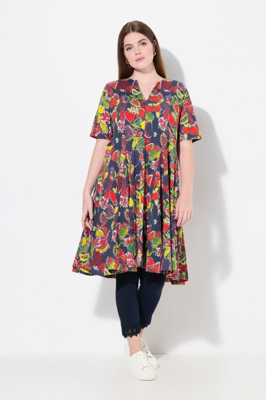 Eco Cotton Fruit Print Short Sleeve Split Neck Swing Dress