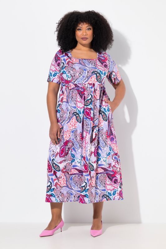 Paisley Square Neck Short Sleeve Knit Swing Dress