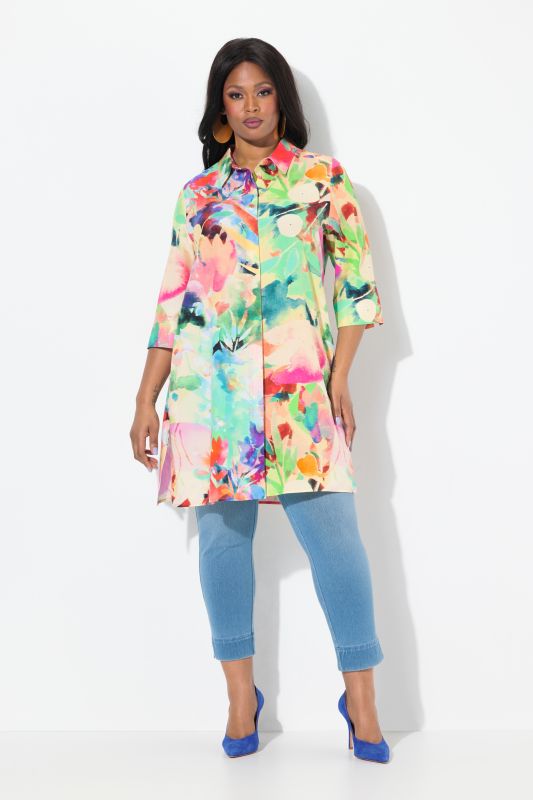 Colorful Floral Print Long Sleeve Button Down Tunic Blouse