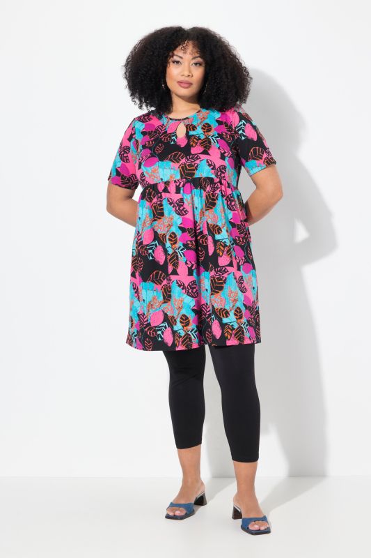 Mixed Print Empire Knit A-Line Pocket Tunic Dress