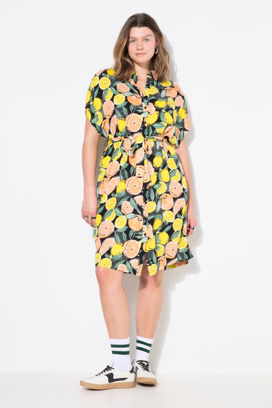 Fruit Print Cap Sleeve Button Down Midi Dress