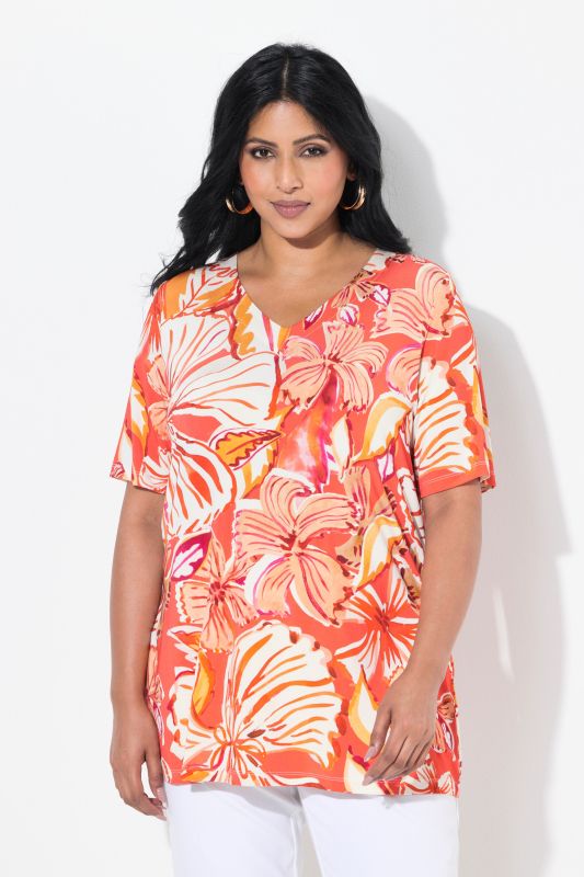 Hawaiian Print Short Sleeve Slinky Top