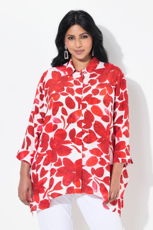 Petal Print Pointed Hem Button Down Blouse