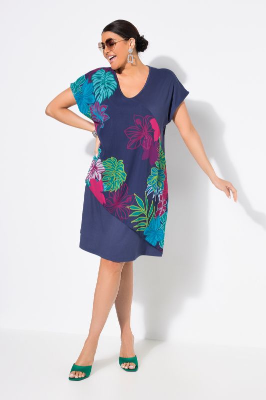 Tropical Leaf Chiffon Panel Cap Sleeve Dress
