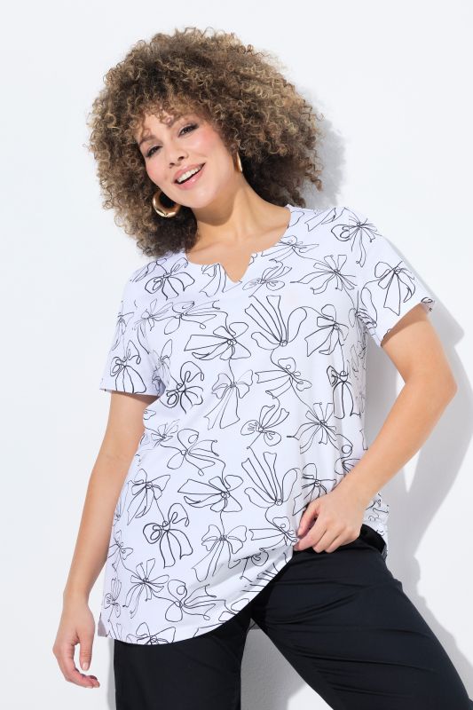 Bow Print Split Neck Short Sleeve Tee