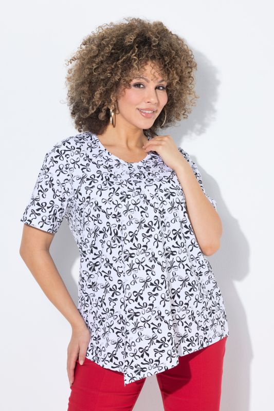 Bow Print Short Sleeve Pointed Hem Tee