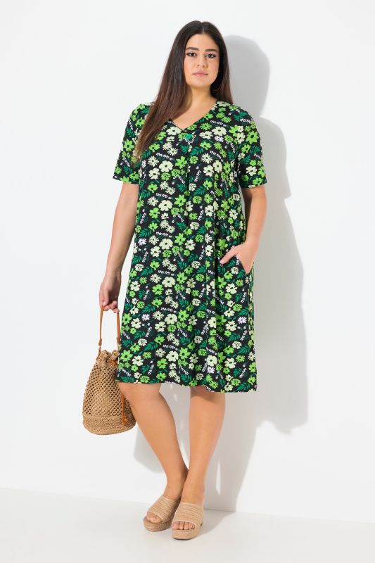 Floral Print Short Sleeve V-Neck Jersey Dress