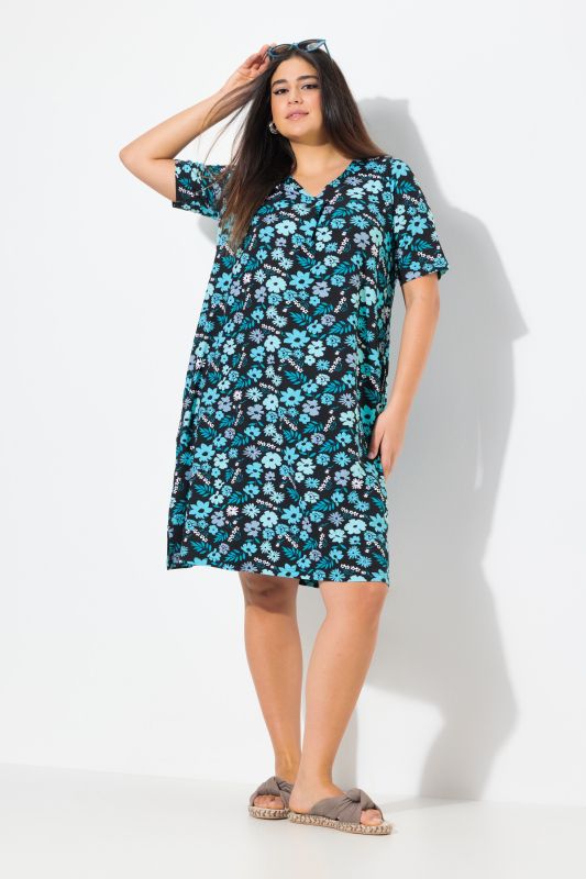 Floral Print Short Sleeve V-Neck Jersey Dress
