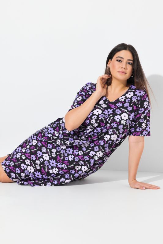 Floral Print Short Sleeve V-Neck Jersey Dress