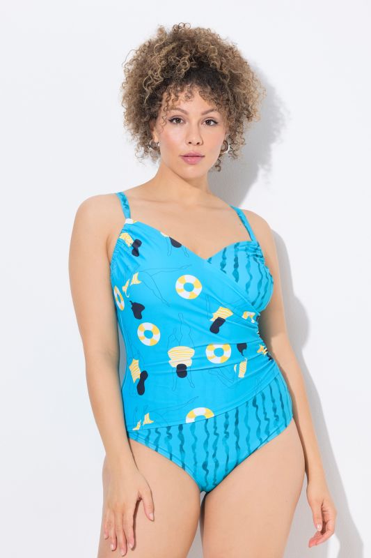 Swimmer Print Wrap Look One Piece Swimsuit