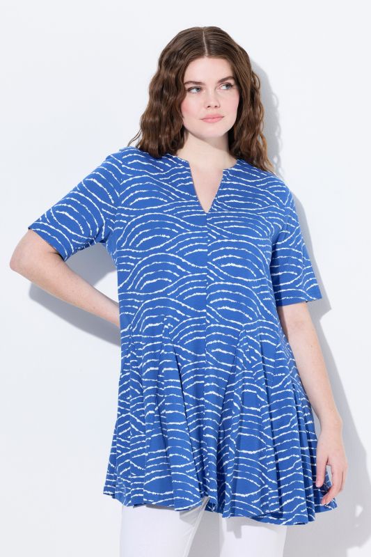 Eco Cotton Wave Print Flared Godet Pleated Knit Tunic
