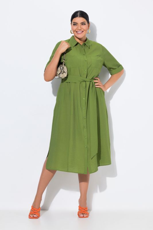 Textured Belted Button Down Dress