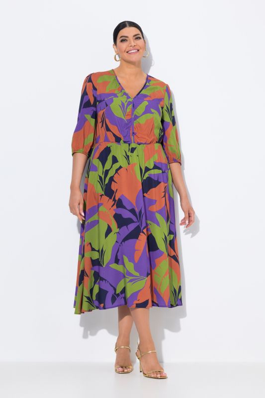 Leaf Print 3/4 Sleeve Elastic Waist Dress