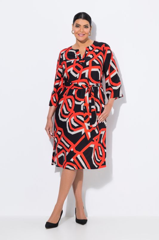 Geometric Print Split Neck Tie Belt Dress