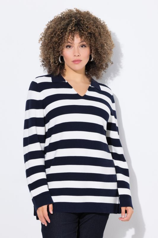 Striped Polo Collar Long Sleeve Sweater