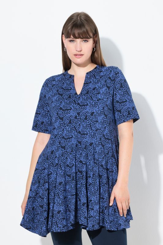 Eco Cotton Dot Print Godet Pleated Knit Tunic