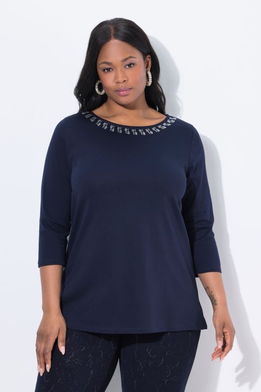 Rhinestone Boat Neck 3/4 Sleeve Top