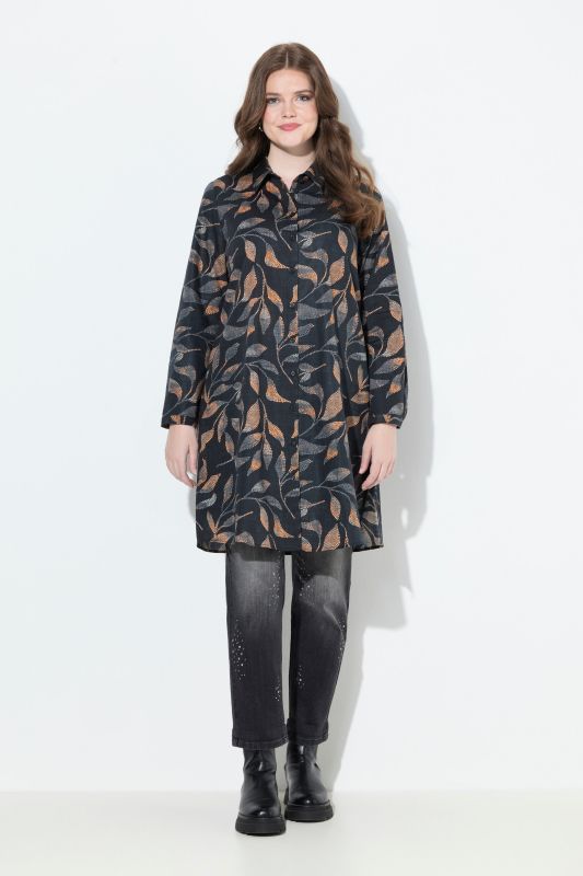 Pointillism Leaf Print Long Sleeve Tunic Blouse